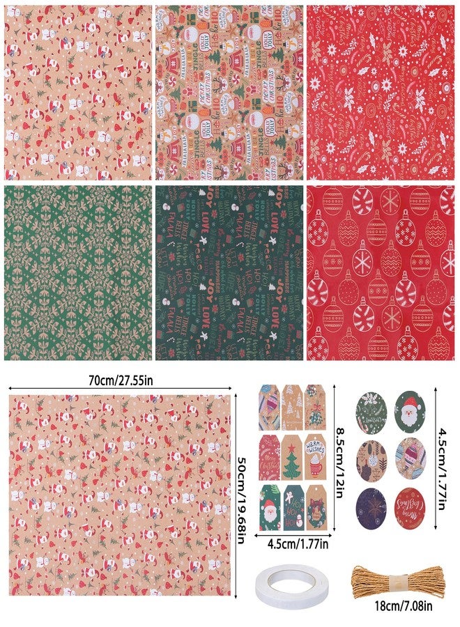 Rancco Christmas Wrapping Paper, 6 Sheets Red and Green Wrapping Paper Set with Tags Stickers and Ribbon, Brown Christmas paper for Xmas Winter Holiday New Year Party Decoration, 27.5x19.7inch - Image 2